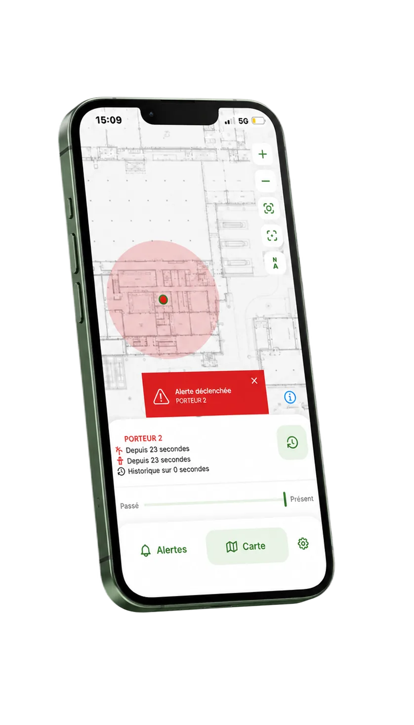 Alerte déclenchée et localisation du porteur sur l'application PTI Safeguard