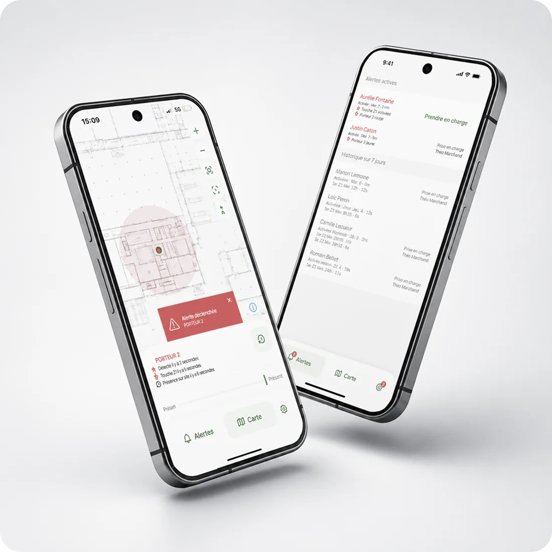 Application PTI Safeguard : carte des alertes et liste des alertes actives des travailleurs isolés