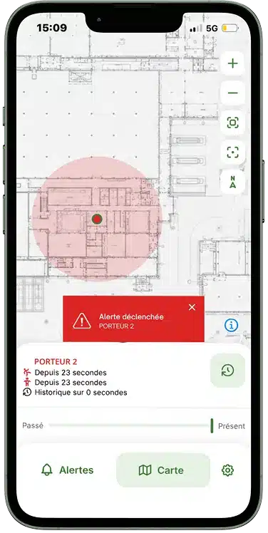 Écran de l'application PTI Safeguard : alerte porteur et historique