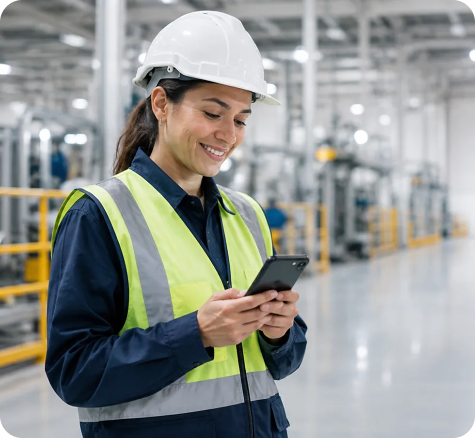 Travailleuse isolée en usine utilisant l'application PTI Safeguard sur son smartphone